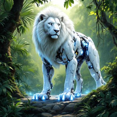Primary subject: A white lion with blue eyes and a mechanical body.

Setting/background: The lion is standing on a path surrounded by trees and plants.

Visual style: The image is a digital artwork.

Colors and mood: The lion has a blue and white color scheme, giving it a futuristic and robotic appearance. The overall atmosphere is mysterious and intriguing.